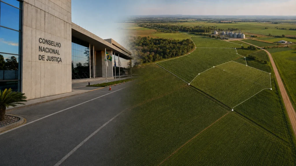 Imagem aérea de propriedade rural e prédio do CNJ em artigo sobre recuperação judicial do produtor rural