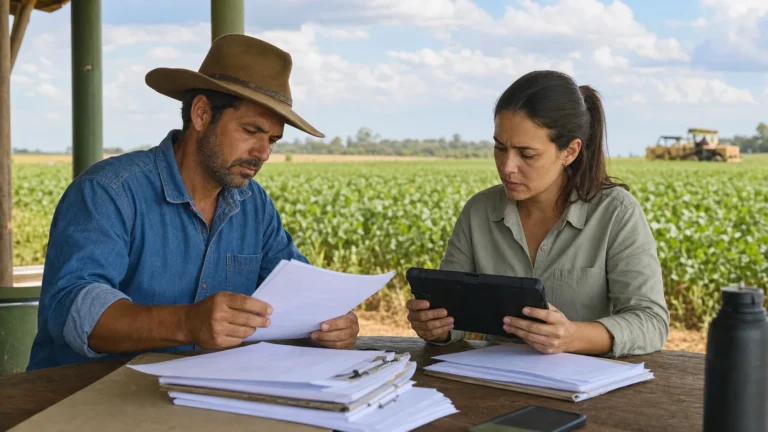 Produtor e agrônomo conferem documentos e lavoura para laudo da MP 1.376