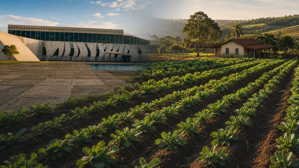 Imagem dividida com prédio do STJ e lavoura em artigo sobre impenhorabilidade da pequena propriedade rural